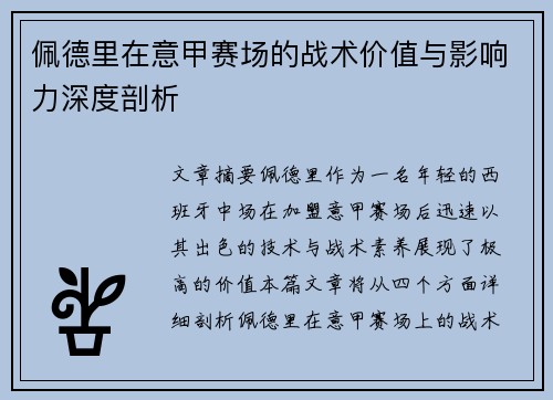 佩德里在意甲赛场的战术价值与影响力深度剖析